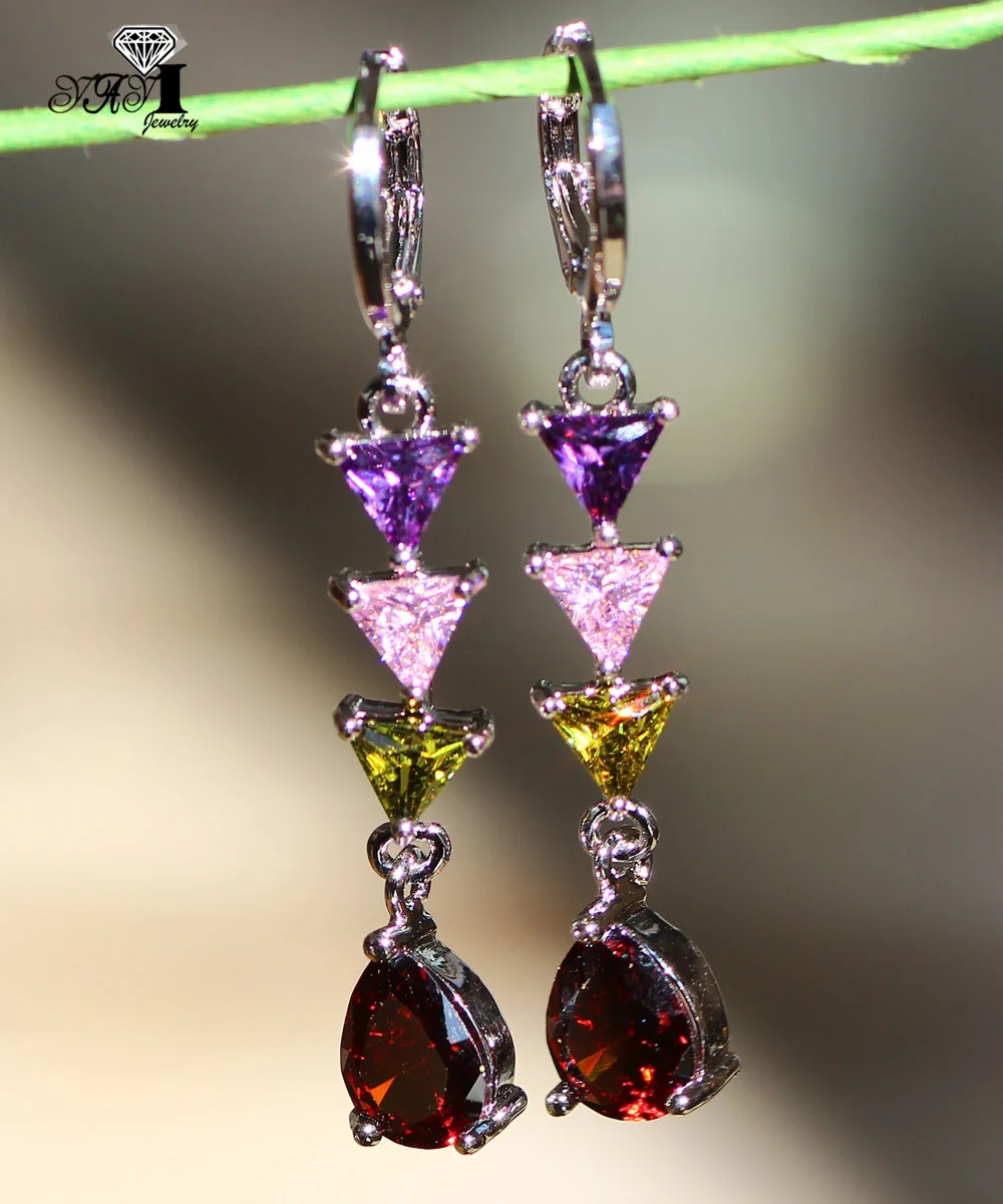 

YaYI Jewelry Fashion Princess Cut long Multi-color Zircon Silver Color long Ear Earrings wedding Party Earrings Gifts 14