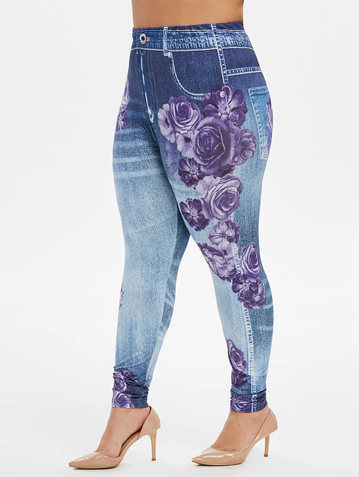 Denim Dark Blue ROSEGAL Большие размеры Высокая талия спортивные брюки обтягивающие женские эластичные сексуальные брюки осень уличная цветочные 3D джинсы с принтом в обтяжку - Цвет: Denim Dark Blue