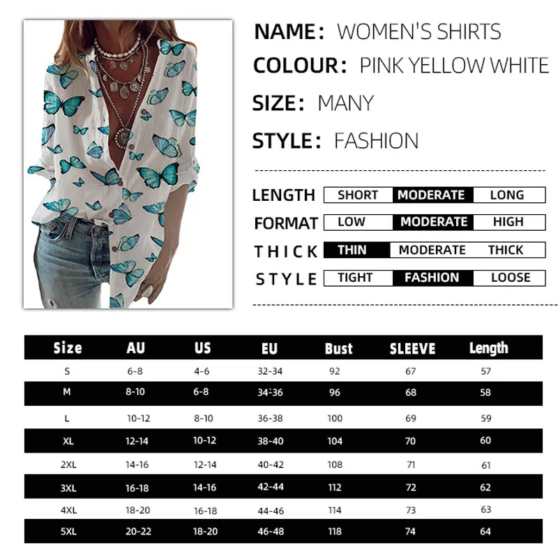 

Fashion Butterfly Print Women Blouses Ladies Long Sleeve Sexy V-Neck Blouse Shirt 2021 New Casual Tops Female Loose Beach Shirts