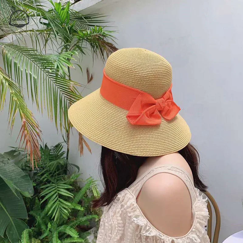 

New Spring Summer Women's Hat Panama Sun Hat Straw Wide Brim Bow Hat Beach Vacation Sunshades Knitted Big Edge Sun Hat Female