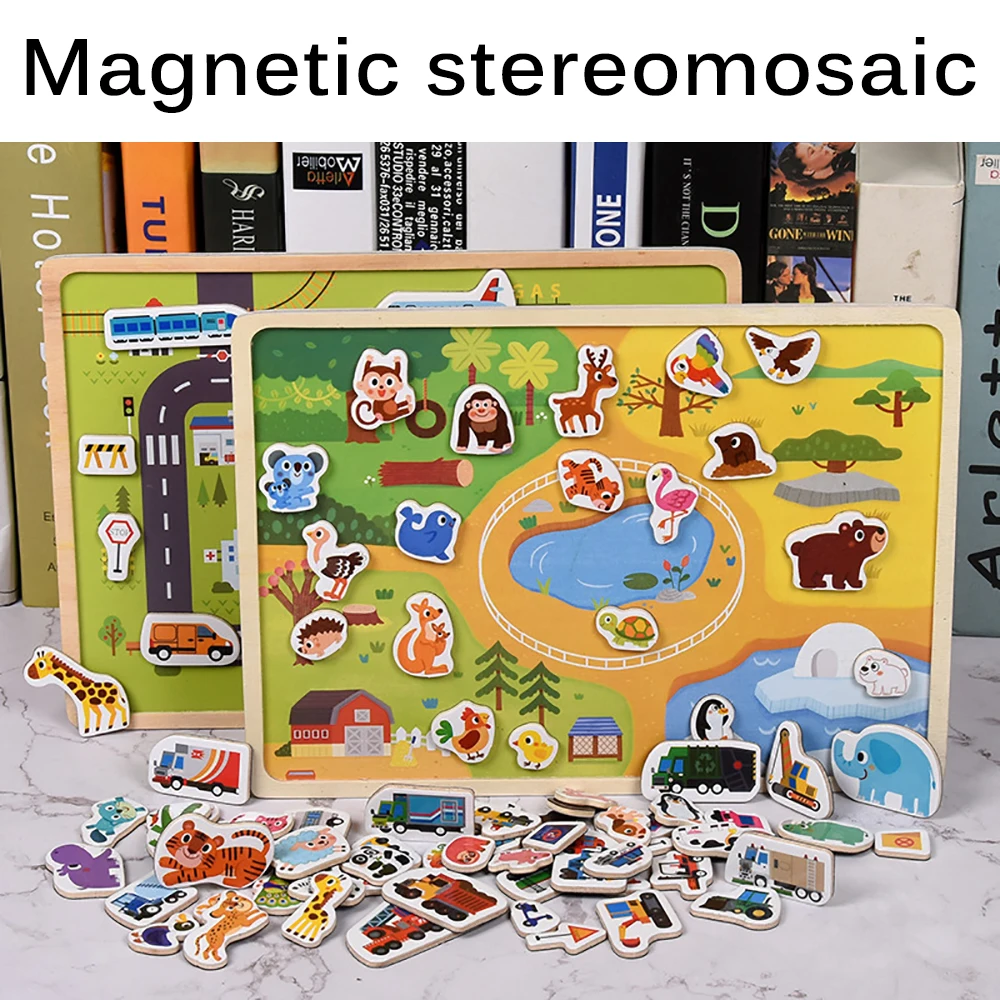 

Обучающие дорожные сцены, настольная игра для раннего обучения, детская 3D деревянная магнитная головоломка, познавательные головоломки с ж...