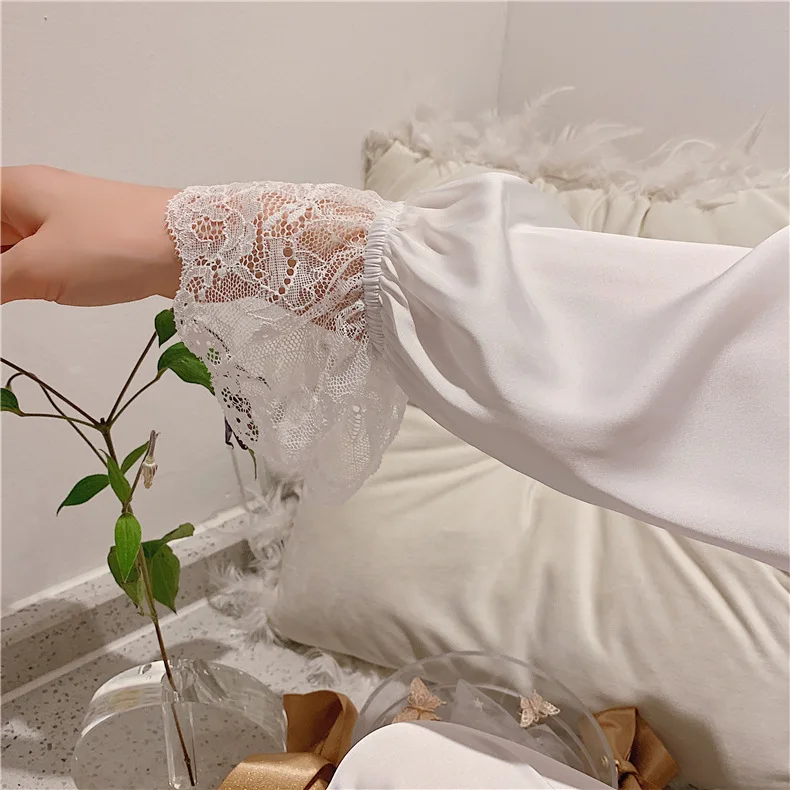 

Cute Lace Patchwork Sleepwear Silky Satin 2PCS Pajamas Set For Girls Nightwear 2021 Spring New Pyjamas Shirt&Pants Home Clothes