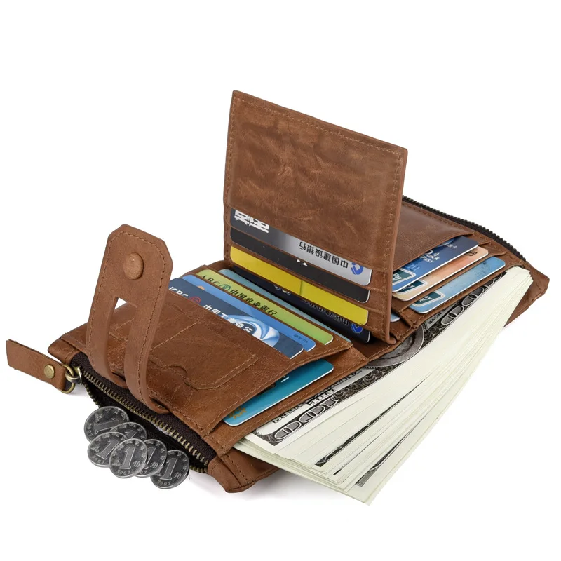 

2018 New Genuine Leather Retro Short Men Wallet Clutch Double Zipper Coin Purse Vintage Bifold Male Wallet Card Holder Wallet