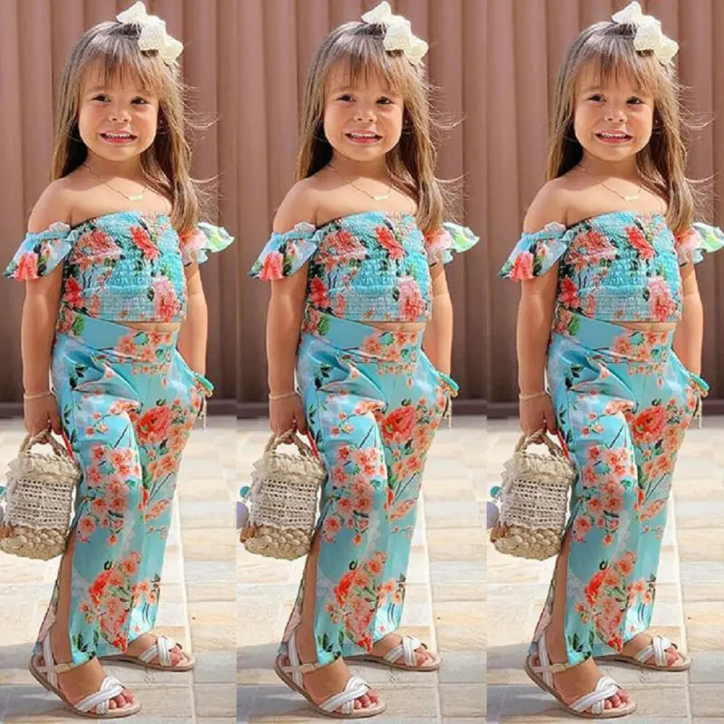 

2020 New 2pcs Kids Baby Girl Clothes Floral Summer Costume Off Shoulder Crop Tops Long Split Pants Adorable Outfit Set 2-6Years