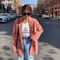 duofan womens mid length pink blazers fashion korean double breasted temperament ol casual suit jacket loose straight coat