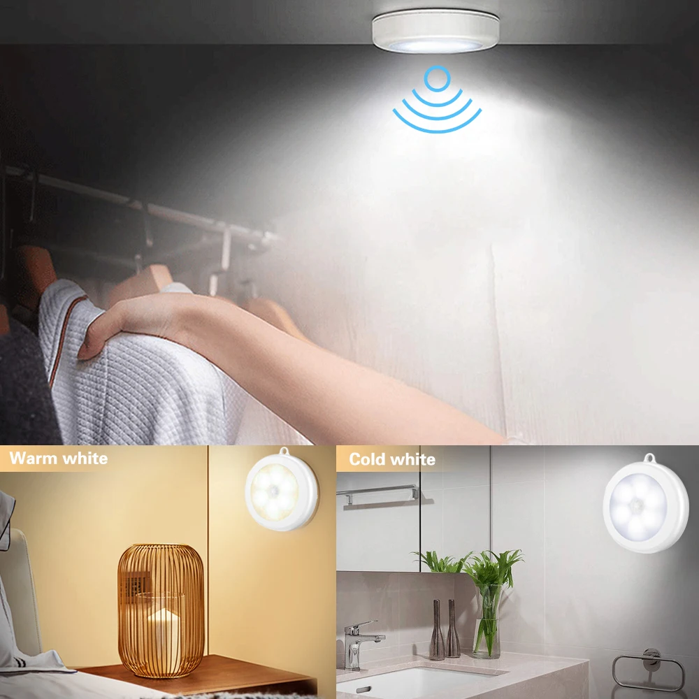 LED Light Motion Sensor Under Cabinet Wireless Puck 2 Control Method Night Lamp Battery Operated For Wardrobe | Лампы и освещение