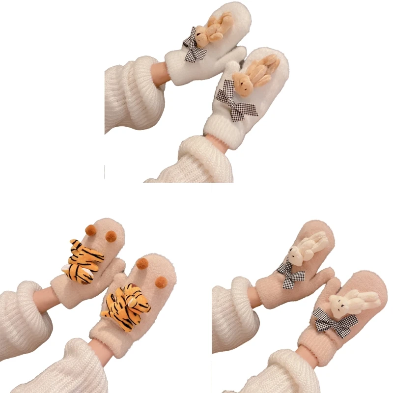 

Women's Winter Plush Gloves with Stuffed Bear Decor Cold Weather Accessories
