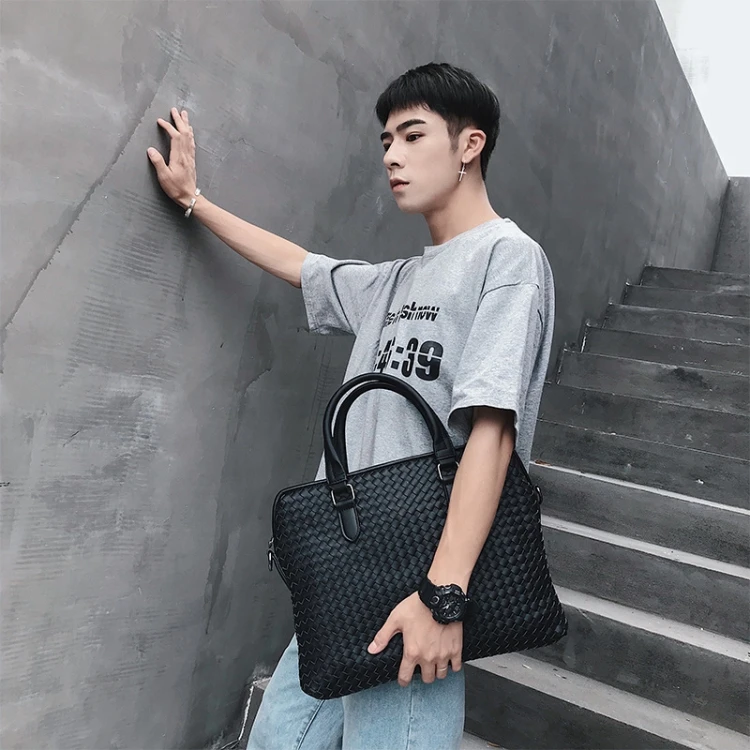 Men's Luxury Brand Business Briefcase Large Capacity Authentic Leather Woven Classic Shoulder Handbag 14-Inch Notebook