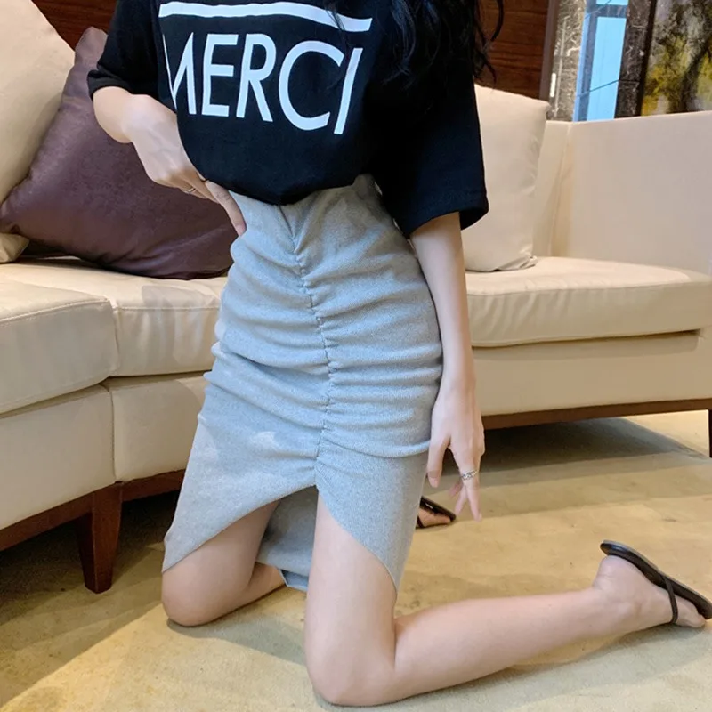 

Summer Women's Slim Sexy Casual Ruched High Waist Asymmetrical Solid Color Midi Skirt Female