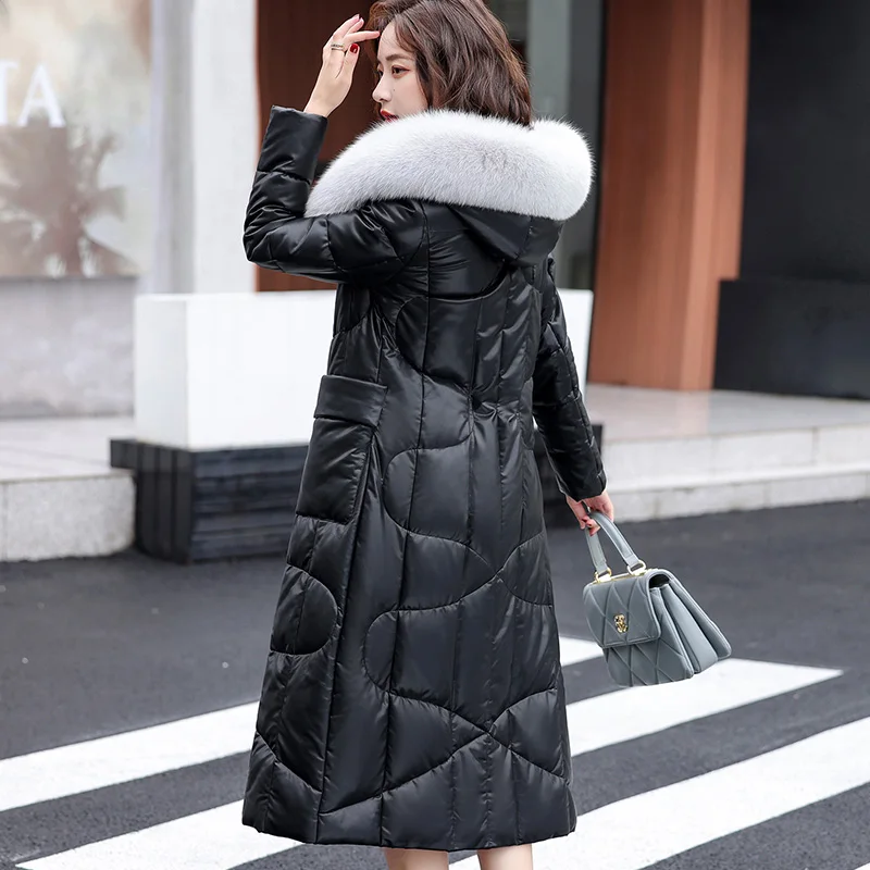 New Women Sheepskin Down Overcoat Autumn Winter Elegant Fashion Fox Fur Collar Thick Warm Slim Long Sheep Leather Down Coat