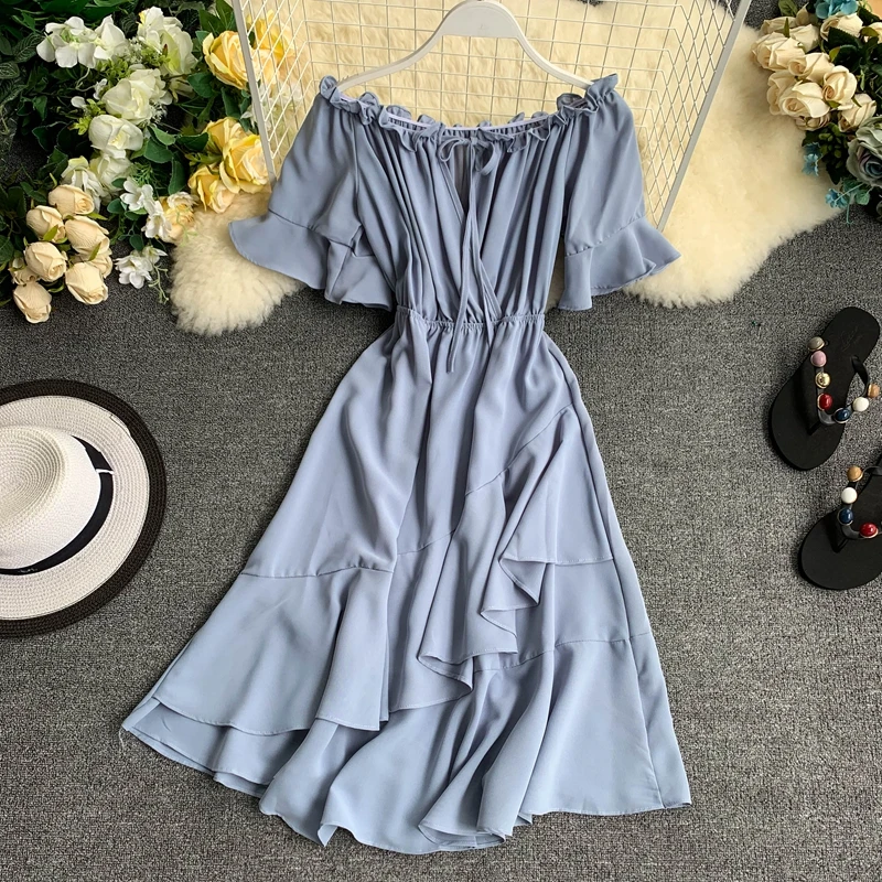 

Women Summer Fashion Casual Short Sleeve Slash Neck A Line Chiffon A Line Long Solid Empire Waist Beach Dress