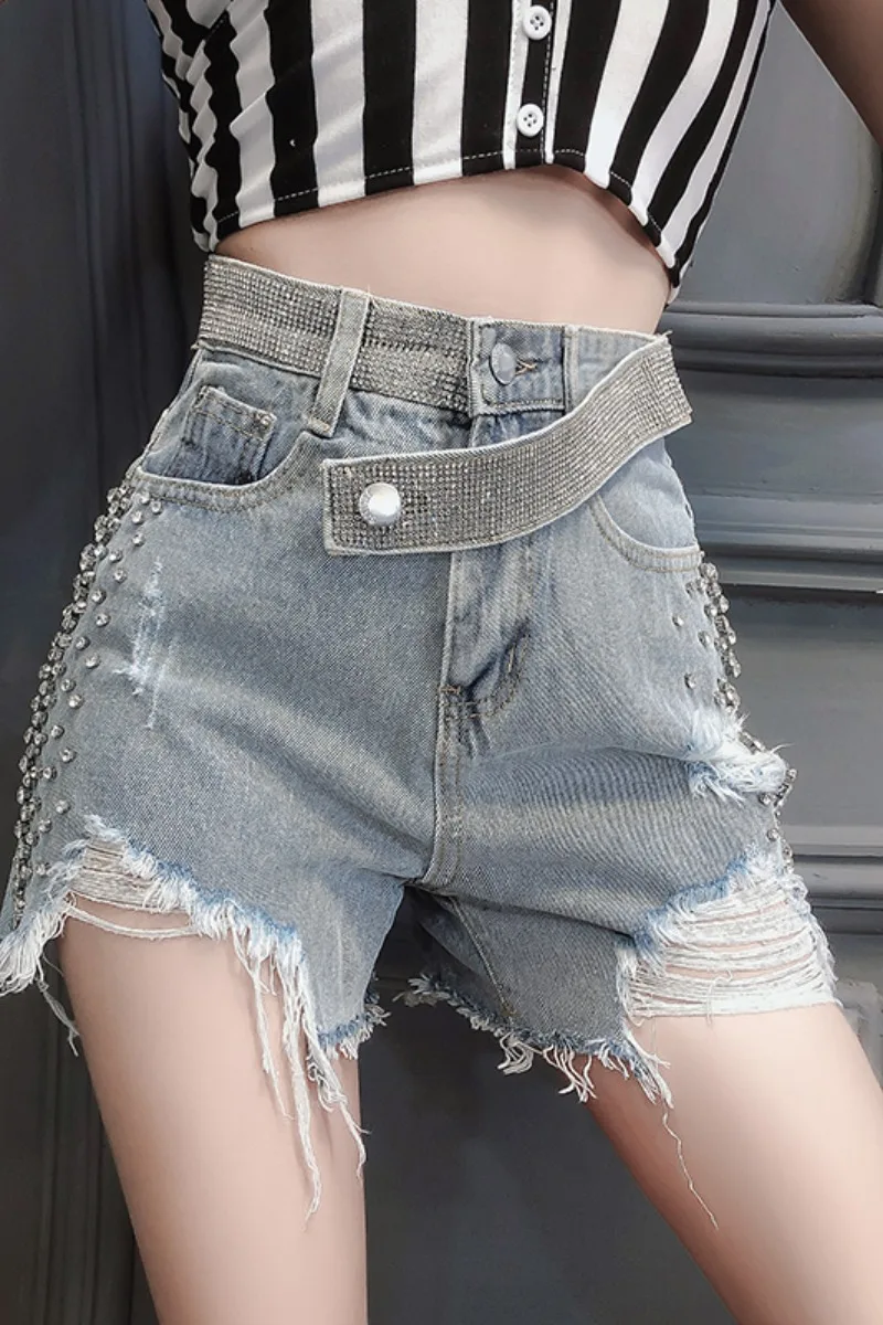 

StreetWear Ripped Denim Shorts Women 2021 Summer High Waist Slim Chic Rhinestone Loose Wide Leg Jean Shorts Outerwear Hot Pants