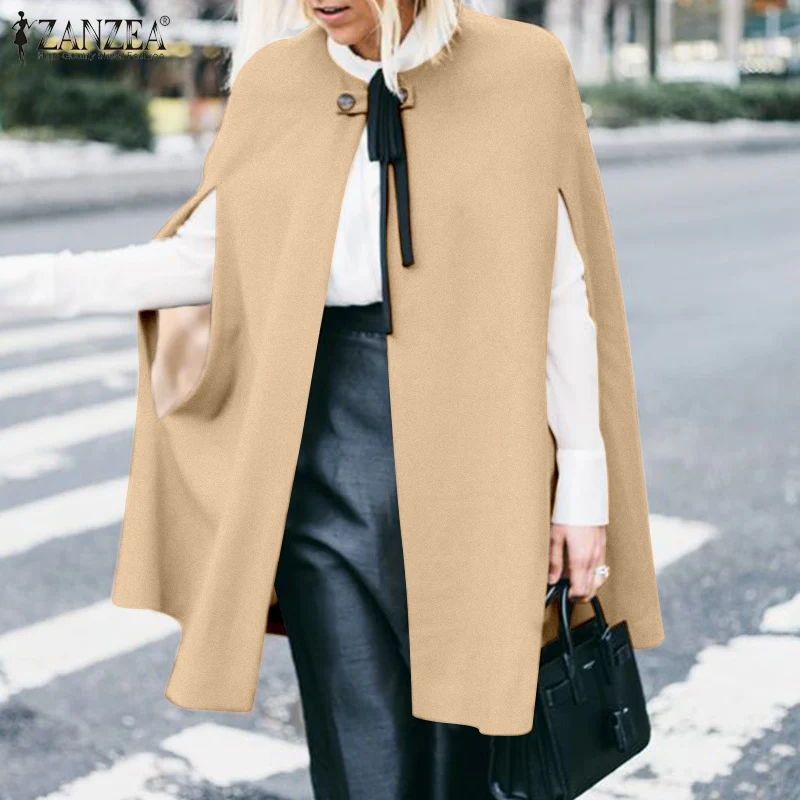 

Fashion Lady Party Cloak Jackets Casual Cardigan Women's Autumn Capes ZANZEA Stylish Solid Ponchos Winter Sleeveless O Neck Coat