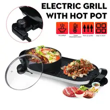 2 In 1 Electric Hot Pot bbq Grill Smokeless Indoor Barbecue Grill Electric bbq Grill and Hot Pot Non Stick Grill Pan