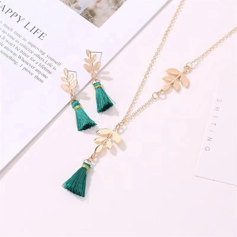 

fashion leaf hookTassels Jewelry Set Handmade Weave green Long Chain Sweater Pendant Necklace earring Sets jewelry for women