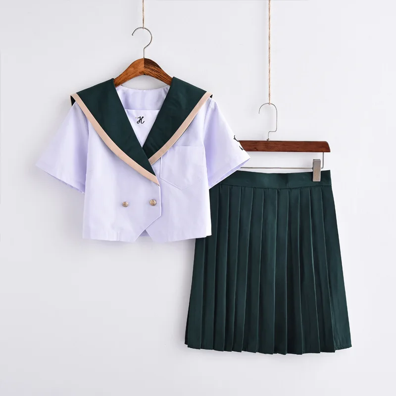 

Japanese JK Uniform Orthodox Soft Sister Sailor Suit Summer Women Students College Wind Short Sleeve Tops + Green Pleated Skirt