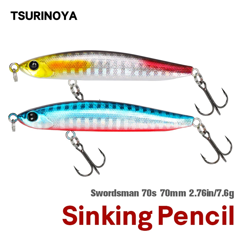 

TSURINOYA 70S Fishing Lure 70mm 7.6g Sinking Pencil SWORDSMAN 0.28m/s Artificial Bass Trout Horizontal Fall With Rolls Hard Bait