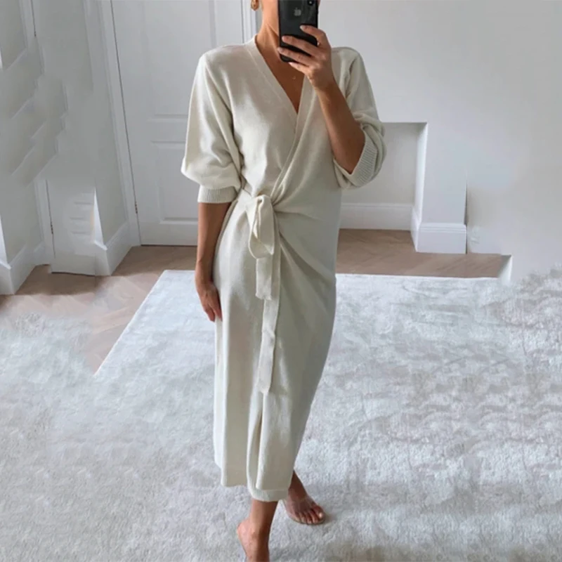 

Women Kitted Dress Elegant Casual V-neck Long Sleeve Midi Dress Solid Loose Split Side Sexy 2020 Autumn and Winter Dresses Mujer