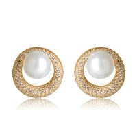 madrry fashion round white simulated pearl earrings full rhinestones copper stud earrings for women bridal wedding party bijoux