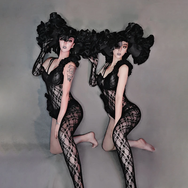 Черный кружевной комбинезон соблазнительный костюм дона большая шапка для Rave