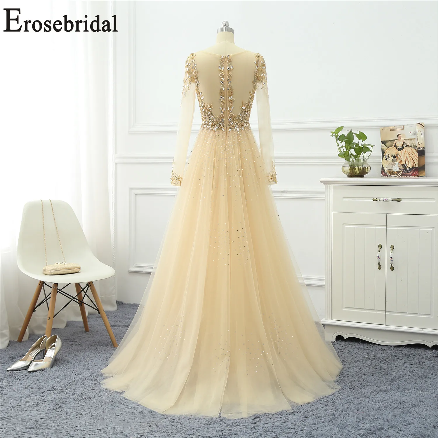 Erosebridal платья с длинным рукавом для особых случаев для женщин вечернее платье Длинные официальные платья вечерние платья тюль ткань с бисером