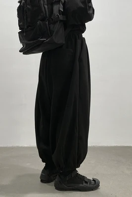 Home-made design dark warm fleece drawstring design straddle pants