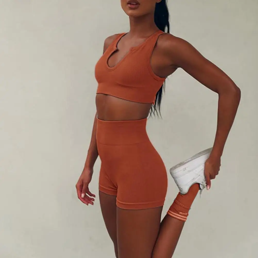 

Shorts Women Yoga Workout Outfits U-neck For Women 2 Piece Ribbed Crop Vest Sleeveless Tank Top Shorts Simple Casual Sports