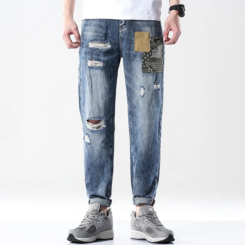 New Men's Ripped Retro Blue Jeans Casual Slim Straight-leg Printed Men's Jeans Plus Size Personalized Beggar Jeans 36 38