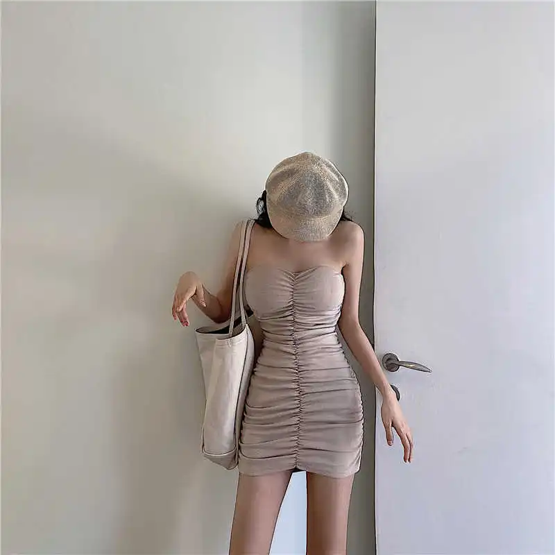 

Women's Dress 2020 Autumn and Winter New Pleated Waist Tight Tube Top Bottoming Skirt Solid Color Stretch Slim-Fit Sheath Skirt