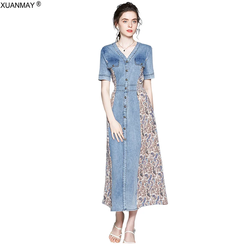 

2021 Летнее богемное джинсовое платье Элегантное шифоновое платье с принтом Супер длинное джинсовое платье Ищущие работу Платье с коротким р...