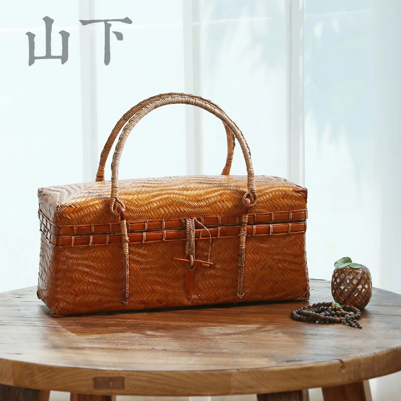 

Vintage bamboo travel portable tea set storage box food Japanese bag shopping basket Chinese picnic