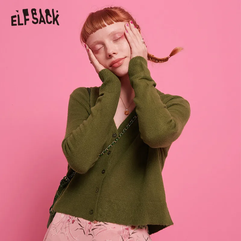 ELFSACK зеленый однотонный короткий Стильный женский кардиган 2019 осень длинный