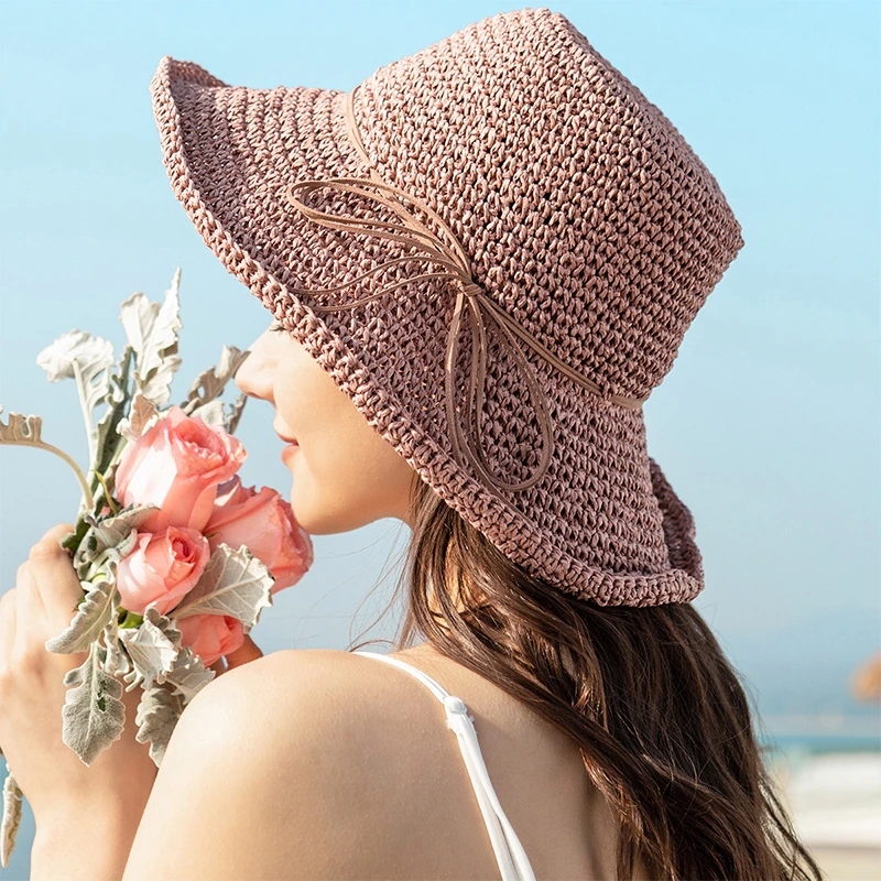 

New Ladies Sun Hat For Women Bowknot Raffia Straw Hat Foldable Summer Hat Wide Brim Beach Hat Female Chapeau Femme