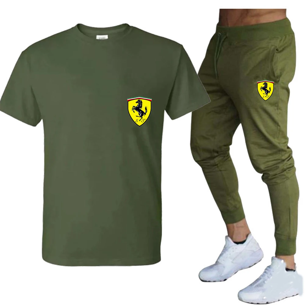 

Летний мужской комплект из футболки и шортов Ferrari, мужская спортивная футболка и шорты, хлопковый летний модный повседневный комплект, лиде...