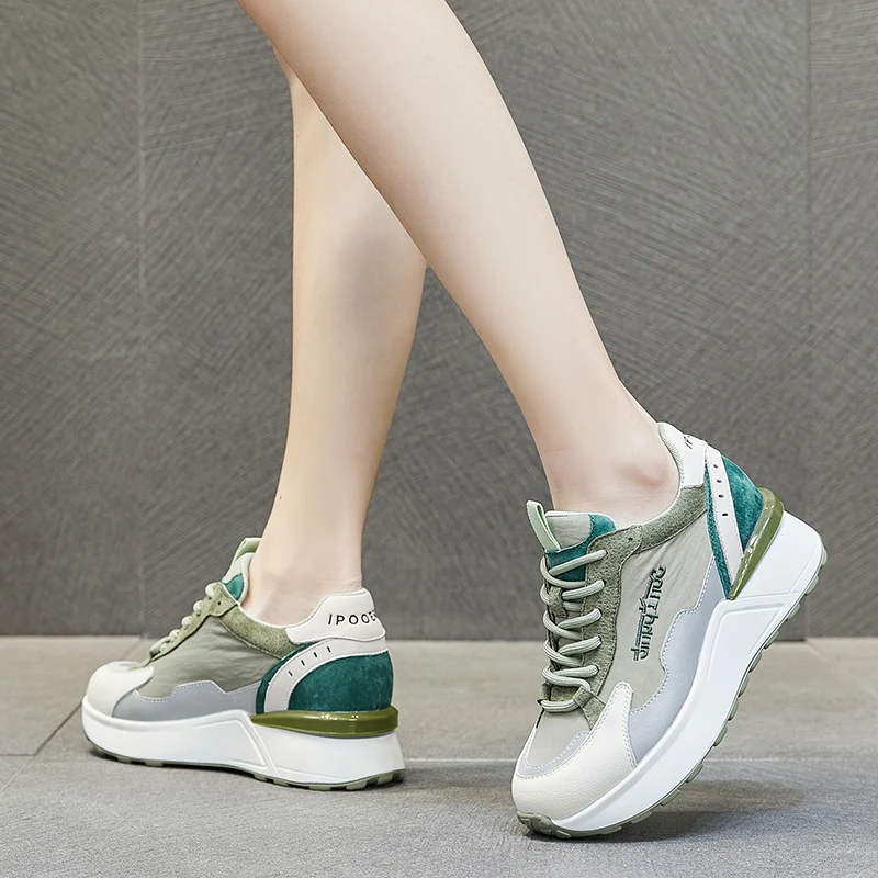 

GPOKHDS 2021 Women Chunky Sneakers Cow Suede New Increasing Green Color Casual Trend Female Comfortable Vulcanize Shoes