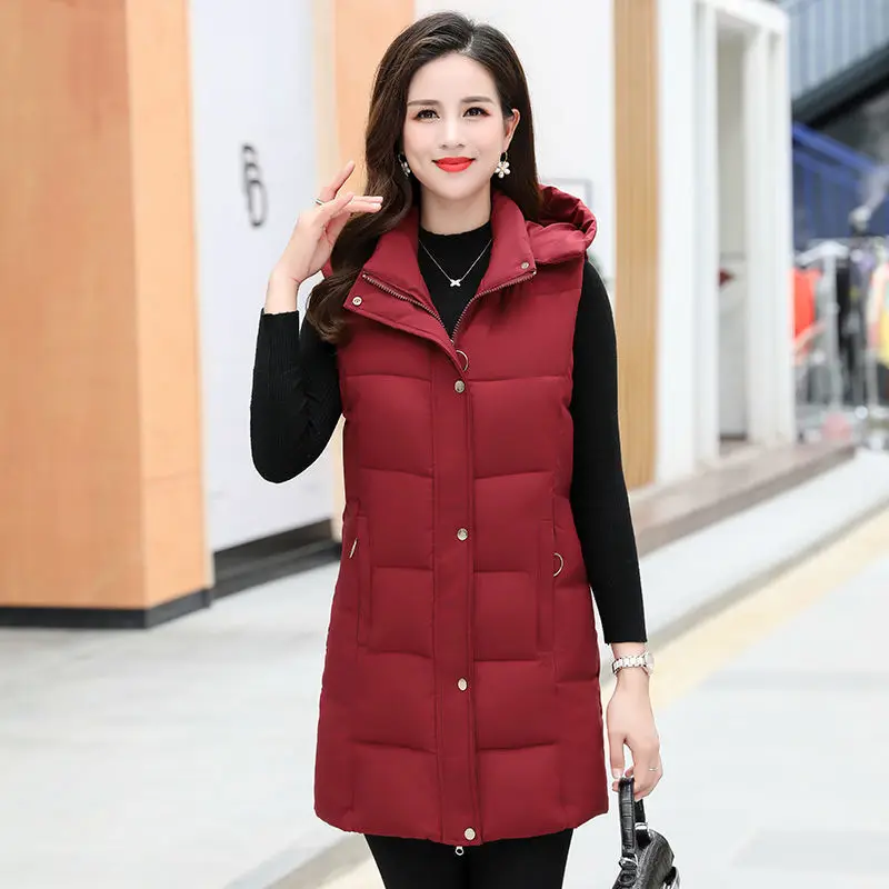 

Detachable Cap Cotton Jacket Vest To Keep Warm Wear Women's Mid-Length Waistcoat Women's Vest Autumn And Winter