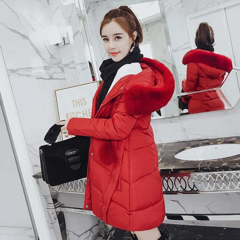 

JCHB 2021 Woman Cotton Warm Winter Fashion Coats and Jackets Solid Hooded Pockets Padded Jacket Fur Collar Solid Long Woman Coat