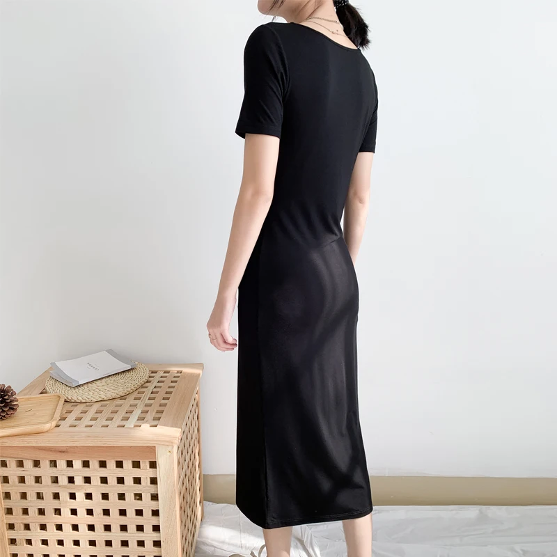 

Modal V-neck Casual T-shirt Long Spring and Summer New Large Size Base Skirt Slim Dress for Women