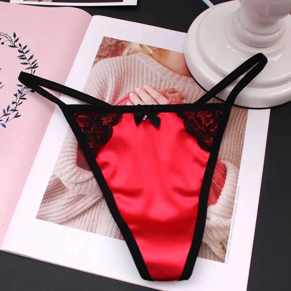 

Women Satin Sexy Panties G-string Thong Low Waist Pearl Bowknot Underwear Briefs Underpants Women's Luxury Satin Sexy T-pants
