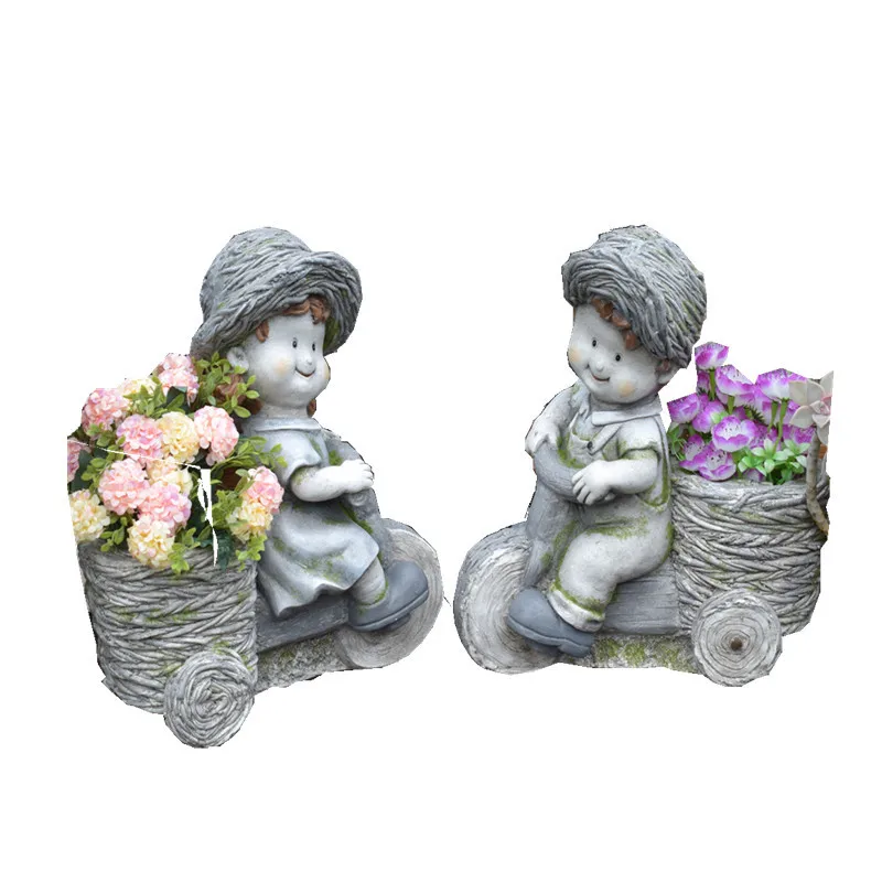 

40.5cm Creative Vintage Old Cute Boy And Girl Cart Flower Pot Decorative Modern Vase Home Garden Office Desktop Decor R2854