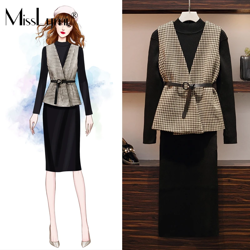 MissLymi L-5XL свитер платье набор 2019 осень зима большой размер женский костюм жилет +