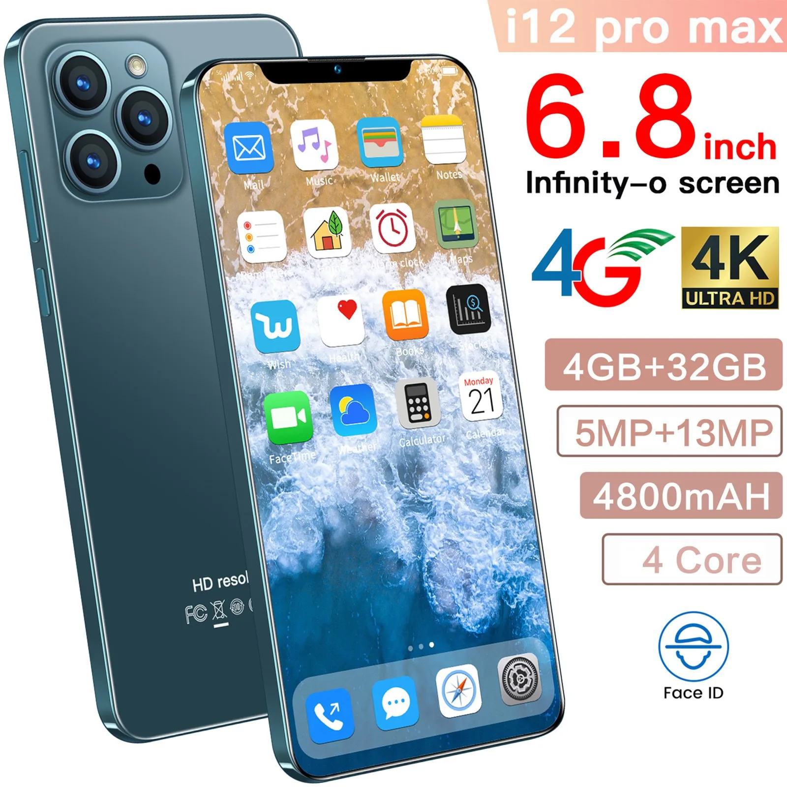 Смартфон I12 Pro Max, разблокированный, на базе Android, 4 + 32 ГБ ОЗУ, экран 6,8 дюйма с вырезом-капелькой, сотовые телефоны с фронтальной камерой 2 МП и задней камерой 5 Мп