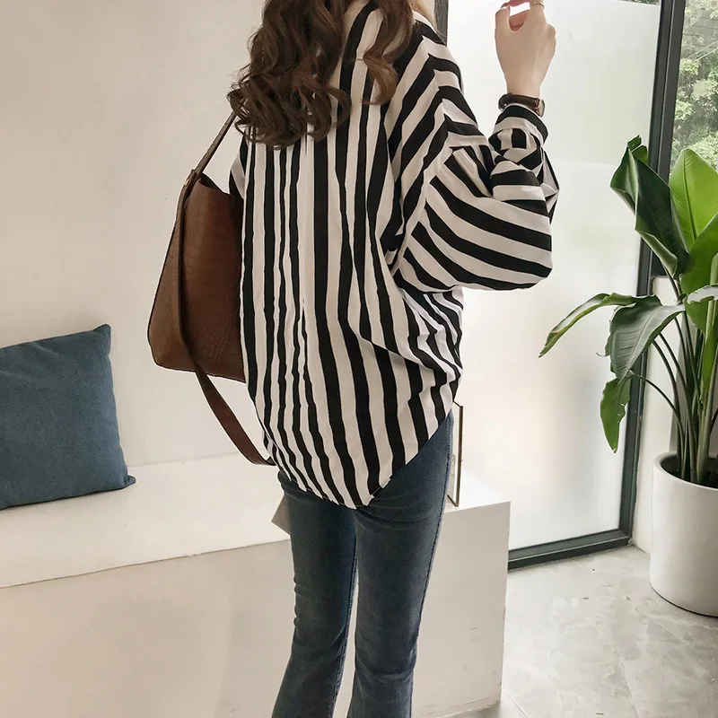 Осенняя Женская Новинка Hong Kong свободная полосатая рубашка bf шифоновые блузки с