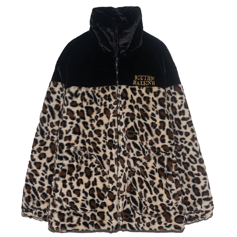 

Парка мужская в стиле Харадзюку, винтажная утепленная куртка с флисовой подкладкой, в стиле пэчворк, с леопардовым принтом, свободная уличн...