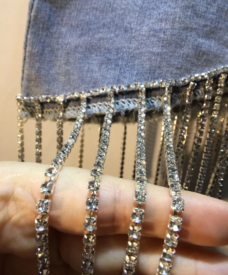 

Denim Skirts for Women Summer New Heavy Diamond Tassel High Waist Stretch Denim Skirt Female Irregular Skirt Jeans Jupe Mujer