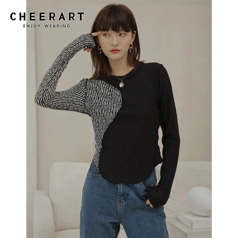 

CHEERART, Топ с длинным рукавом и круглым вырезом, осень 2020, женская одежда, простая футболка, вязаный Топ, черная футболка, осенняя мода