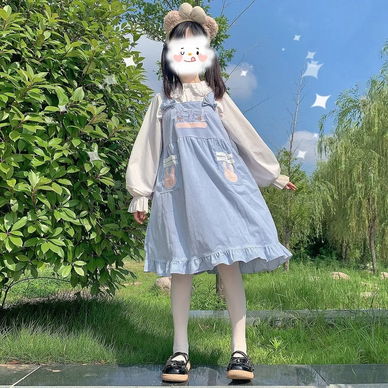 

Kawaii Lolita Dress For Girls Soft Japanese Sweets Blue Lolita Outfit Cute Slip Dress Summer Rabbit Embroidery JSK 2021