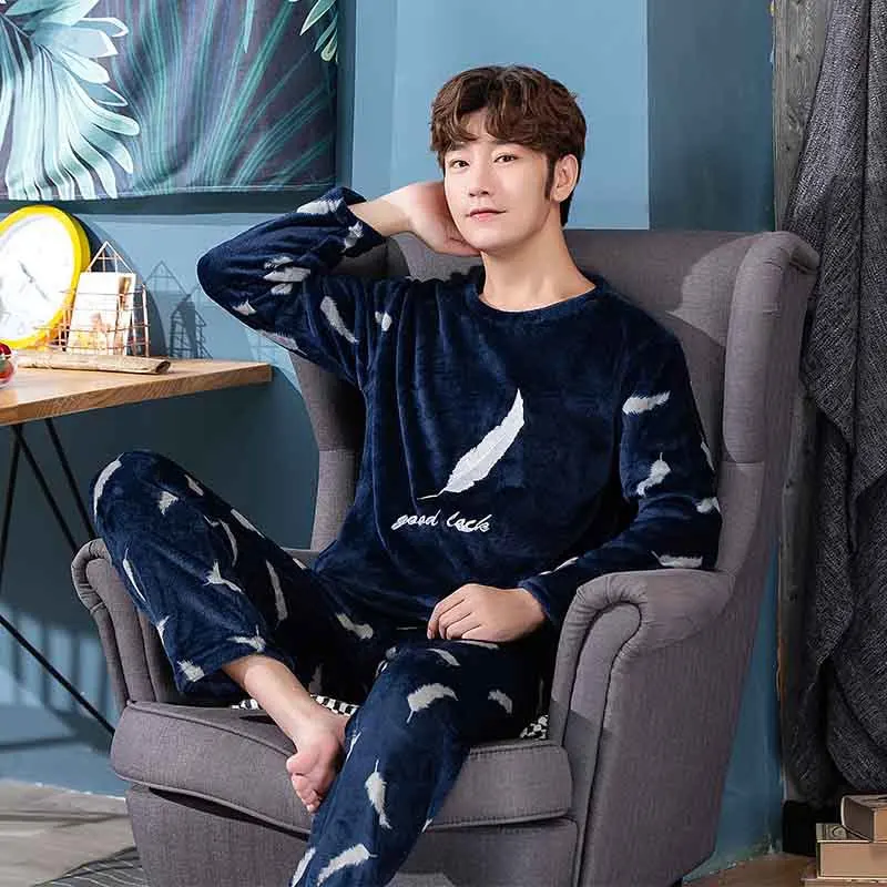 Men's pajamas winter plus velvet thickened flannel warm autumn and winter coral fleece suit home service plus size 2022