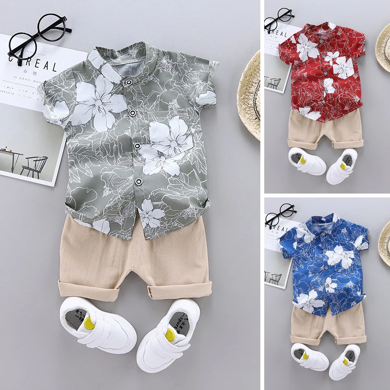 White Big Flower Shirt Casual Printed Summer Short Sleeve &amp Pants Two-piece Sets | Детская одежда и обувь