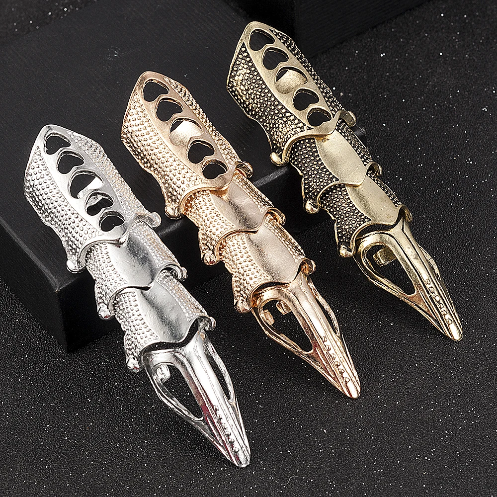 

2021 NEW Cool Boys Punk Gothic Rock Scroll Joint Armor Knuckle Metal Full Finger Ring Gold Cospaly Ring Halloween decoration